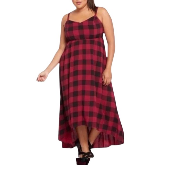Torrid Burgundy Blaek Gingham Plaid Challis High Low Maxi Dress Sz 4 - Picture 4 of 16